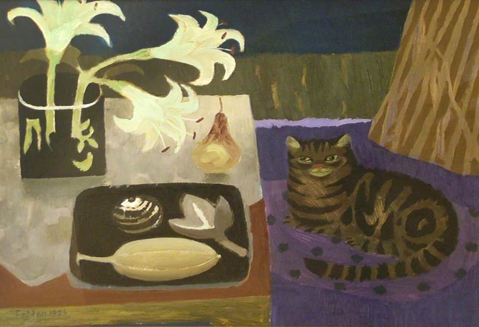 Oil painting of a tabby cat sat on a purple cushion. Next to it is a table with lilies, a pear and a plate with lily flowerheads on.