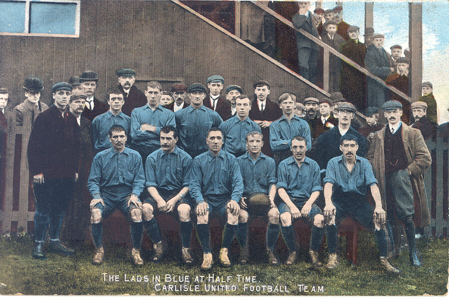 'The Lads in Blue at half time' postcard, believed to be the first image of Carlisle United and thought to be taken at the old Devonshire Park ground.