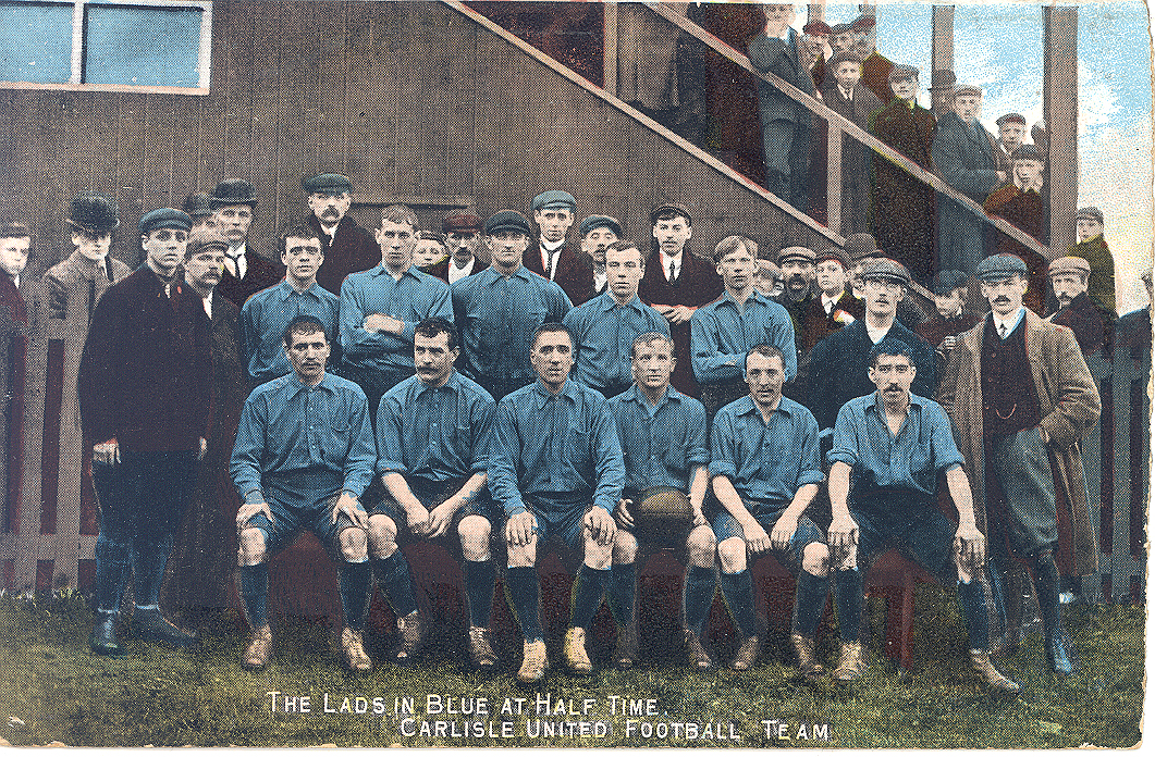 'The Lads in Blue at half time' postcard, believed to be the first image of Carlisle United and thought to be taken at the old Devonshire Park ground.