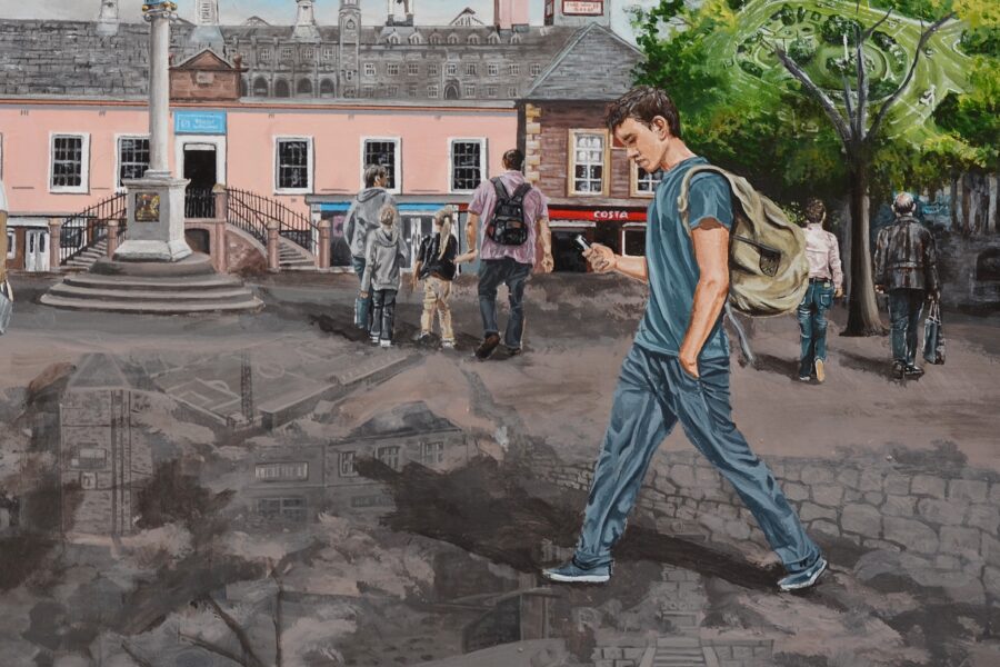 Detail of 'Carlisle 2022' by Nicole Bishop - a painting of Carlisle's Market Square featuring 'hidden' images of significant local buildings and scenes
